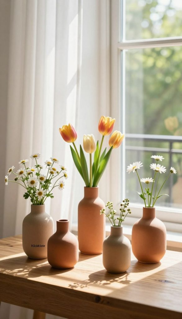 A cozy window scene showcasing DIY vases created from natural materials, featuring earthy tones like terracotta and soft greens. In the foreground, a wooden table with a few minimalist vases, each uniquely shaped, filled with fresh spring flowers like tulips and daisies. The middle ground highlights the window adorned with sheer white curtains, softly filtered sunlight illuminating the flowers and creating warm, inviting shadows. In the background, a balcony with faint greenery can be seen, enhancing the springtime atmosphere. The photo should have a Pinterest-inspired aesthetic, combining a touch of rustic charm with modern elegance. The branding "KlickKiste" subtly integrated into the design, ensuring authenticity. Aim for a clean, uncluttered composition that embodies minimalistic decor, evoking feelings of freshness and inspiration.