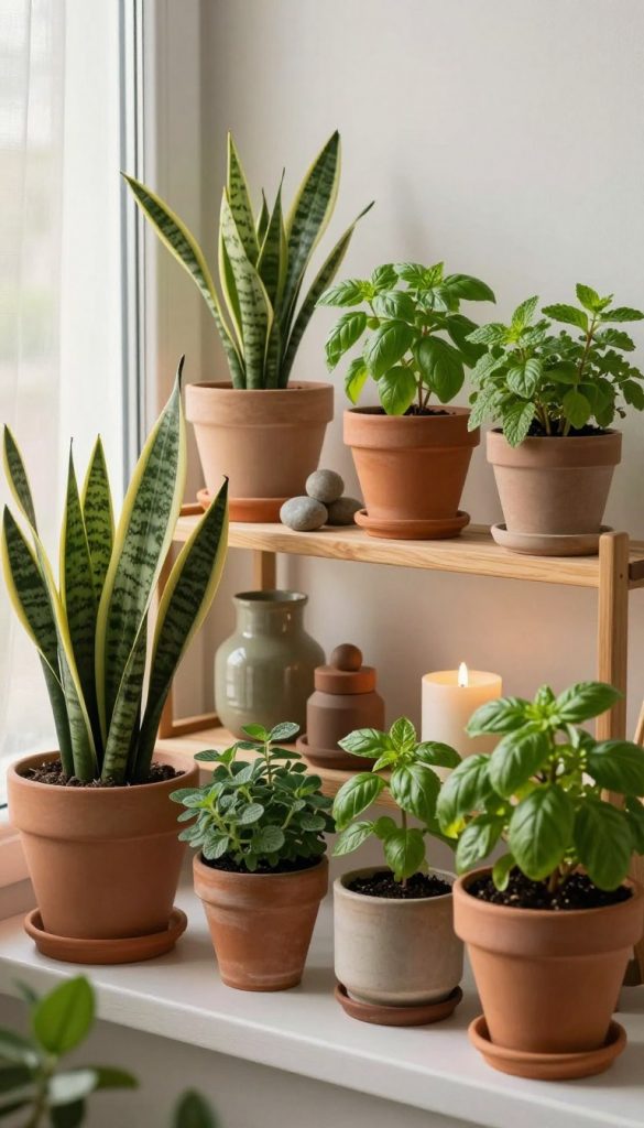 A cozy window sill setup filled with an array of indoor plants and herbs, showcasing a variety of pots in natural materials like terracotta and ceramic. In the foreground, lush green leaves of a snake plant and vibrant herbs like basil and mint create a lively scene. The middle layer features a stylish wooden shelf adorned with decorative items like small stones and candles, complementing the plants. In the background, soft morning light filters through sheer curtains, casting a warm glow over the arrangement. The atmosphere is inviting and inspiring, perfect for an indoor gardening aesthetic. The image reflects a natural DIY theme with warm colors, embodying the aesthetic of "KlickKiste." A cozy window sill setup filled with an array of indoor plants and herbs, showcasing a variety of pots in natural materials like terracotta and ceramic. In the foreground, lush green leaves of a snake plant and vibrant herbs like basil and mint create a lively scene. The middle layer features a stylish wooden shelf adorned with decorative items like small stones and candles, complementing the plants. In the background, soft morning light filters through sheer curtains, casting a warm glow over the arrangement. The atmosphere is inviting and inspiring, perfect for an indoor gardening aesthetic. The image reflects a natural DIY theme with warm colors, embodying the aesthetic of "KlickKiste."