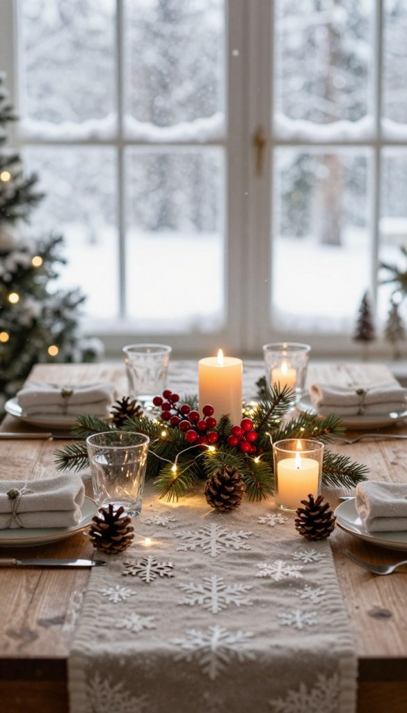 A cozy winter scene reflecting seasonal decorations that are festive and inviting, perfect for home decor ideas. In the foreground, a beautifully adorned wooden table is set with twinkling fairy lights, elegant pine cones, and candles casting a warm glow. In the middle, a richly textured table runner features snowflake patterns, surrounded by fresh evergreen branches and vibrant red berries, enhancing the festive atmosphere. The background showcases a softly falling snow with gently frosted windowpanes, creating a serene and tranquil ambiance. The lighting is soft and warm, evoking a sense of comfort and inspiration. The composition has a Pinterest aesthetic, combining natural elements with a touch of elegance. This image embodies the spirit of winter decorations by KlickKiste, ready to inspire. A cozy winter scene reflecting seasonal decorations that are festive and inviting, perfect for home decor ideas. In the foreground, a beautifully adorned wooden table is set with twinkling fairy lights, elegant pine cones, and candles casting a warm glow. In the middle, a richly textured table runner features snowflake patterns, surrounded by fresh evergreen branches and vibrant red berries, enhancing the festive atmosphere. The background showcases a softly falling snow with gently frosted windowpanes, creating a serene and tranquil ambiance. The lighting is soft and warm, evoking a sense of comfort and inspiration. The composition has a Pinterest aesthetic, combining natural elements with a touch of elegance. This image embodies the spirit of winter decorations by KlickKiste, ready to inspire.