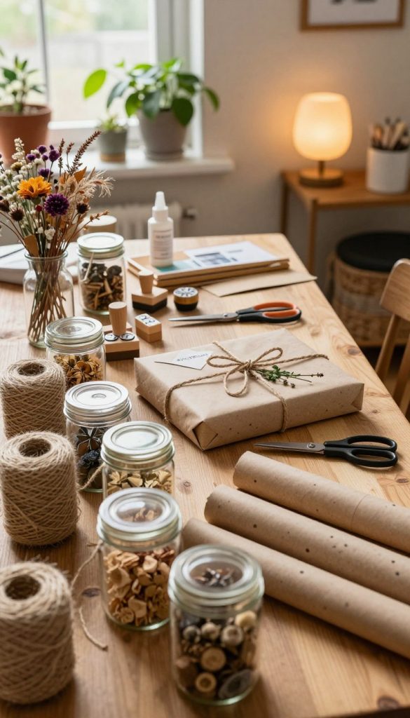 A cozy workspace filled with natural DIY craft supplies, showcasing a variety of sustainable gift ideas for every occasion. In the foreground, there are neatly arranged jars of eco-friendly materials like twine, dried flowers, and reusable wrapping paper. In the middle ground, a beautifully decorated wooden table features a partially completed handmade gift, surrounded by tools like scissors, glue, and decorative stamps. The background shows warm, inviting lighting filtering through a window adorned with plants, creating a Pinterest-inspired aesthetic that feels authentic and inspirational. The branding "KlickKiste" is subtly integrated within the scene, enhancing the creative atmosphere. The overall mood is calm, encouraging creativity and thoughtfulness in gift-giving while highlighting the importance of sustainability.