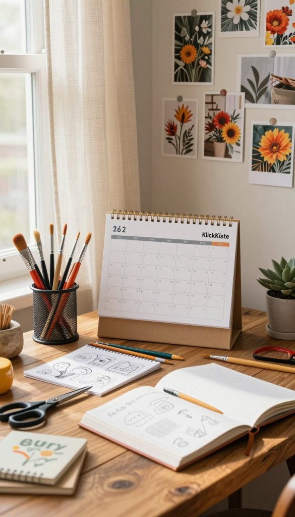 A cozy workspace with a warm, inviting atmosphere, featuring a beautifully organized desk. In the foreground, neatly arranged tools for DIY projects like scissors, paintbrushes, and notebooks with brainstorming sketches, showcasing a creative planning session. In the middle, a calendar and a project timeline on a rustic wooden table, highlighting time management strategies, surrounded by vibrant seasonal decor samples. In the background, soft, natural light filters through an elegant window adorned with delicate curtains, illuminating a wall filled with inspiring DIY photos and ideas connected to the brand "KlickKiste". The overall mood should evoke feelings of creativity, accomplishment, and a sense of refined organization. Gentle shadows for a warm effect, focusing on a realistic and inspiring planning atmosphere. A cozy workspace with a warm, inviting atmosphere, featuring a beautifully organized desk. In the foreground, neatly arranged tools for DIY projects like scissors, paintbrushes, and notebooks with brainstorming sketches, showcasing a creative planning session. In the middle, a calendar and a project timeline on a rustic wooden table, highlighting time management strategies, surrounded by vibrant seasonal decor samples. In the background, soft, natural light filters through an elegant window adorned with delicate curtains, illuminating a wall filled with inspiring DIY photos and ideas connected to the brand "KlickKiste". The overall mood should evoke feelings of creativity, accomplishment, and a sense of refined organization. Gentle shadows for a warm effect, focusing on a realistic and inspiring planning atmosphere.