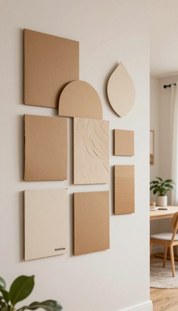 A creative and inspiring interior scene featuring a minimalist wall decoration made of paper and cardboard with 3D effects. In the foreground, showcase textured panels and geometric shapes in warm, natural colors, arranged harmoniously to create a captivating visual display. In the middle ground, depict a simple, stylish room with a cozy ambiance, adorned with plants and minimalist furniture that complements the wall art. The background should include soft, diffused lighting to enhance the warm tones and create a welcoming atmosphere. Use a slightly angled perspective to add depth to the composition, reminiscent of a Pinterest-inspired aesthetic. This design embodies the DIY spirit, with an emphasis on authenticity and inspiration, featuring the brand name "KlickKiste" subtly integrated into the scene. A creative and inspiring interior scene featuring a minimalist wall decoration made of paper and cardboard with 3D effects. In the foreground, showcase textured panels and geometric shapes in warm, natural colors, arranged harmoniously to create a captivating visual display. In the middle ground, depict a simple, stylish room with a cozy ambiance, adorned with plants and minimalist furniture that complements the wall art. The background should include soft, diffused lighting to enhance the warm tones and create a welcoming atmosphere. Use a slightly angled perspective to add depth to the composition, reminiscent of a Pinterest-inspired aesthetic. This design embodies the DIY spirit, with an emphasis on authenticity and inspiration, featuring the brand name "KlickKiste" subtly integrated into the scene.