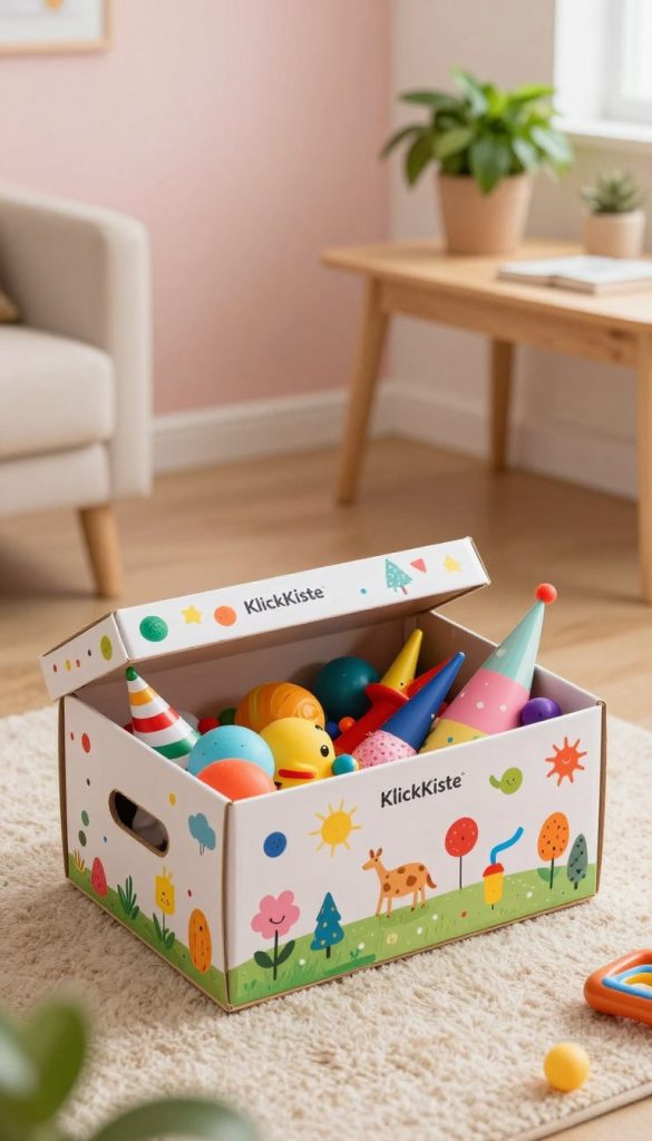 A creative and whimsical upcycled bauchladen made from a shoe box, decorated with colorful paints and patterns, showcasing various small decorative items, toys, and party supplies. The foreground features the bauchladen filled with bright and cheerful objects, creating a playful atmosphere. In the middle ground, a cozy room setting with soft, natural lighting enhances the inviting feel, while a light wooden table and soft pastel-colored walls provide a warm backdrop. Accents of greenery from potted plants can be seen in the background, adding to the lively ambiance. Capture this scene with a slightly elevated angle to showcase both the bauchladen and the overall cozy decor. Designed with a Pinterest aesthetic in mind, portraying a sense of creativity and inspiration, with the brand "KlickKiste" subtly incorporated in the decor elements.