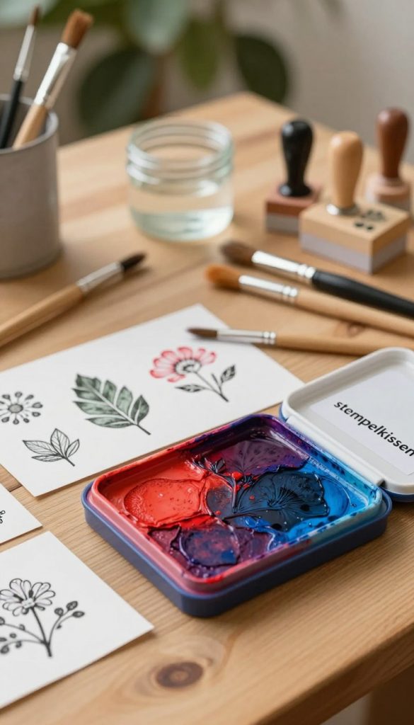 A creative workspace showcasing a "stempelkissen" with an artistic flair. In the foreground, a vibrant, colorful ink pad is open, with rich red and deep blue hues blending together. Stamped impressions of natural materials like leaves and flowers are neatly arranged beside it, highlighting the DIY theme. In the middle ground, a wooden tabletop is visible, scattered with various crafting tools such as paintbrushes, a small container of water, and handmade stamps. The background features soft, blurred greenery, adding a natural touch. The scene is illuminated by warm, diffused lighting, evoking an inviting, inspirational atmosphere. Capture this in a slightly elevated angle, reminiscent of popular Pinterest aesthetics. Include the brand name "KlickKiste" subtly integrated into the setting, ensuring a focus on the art of stamping.