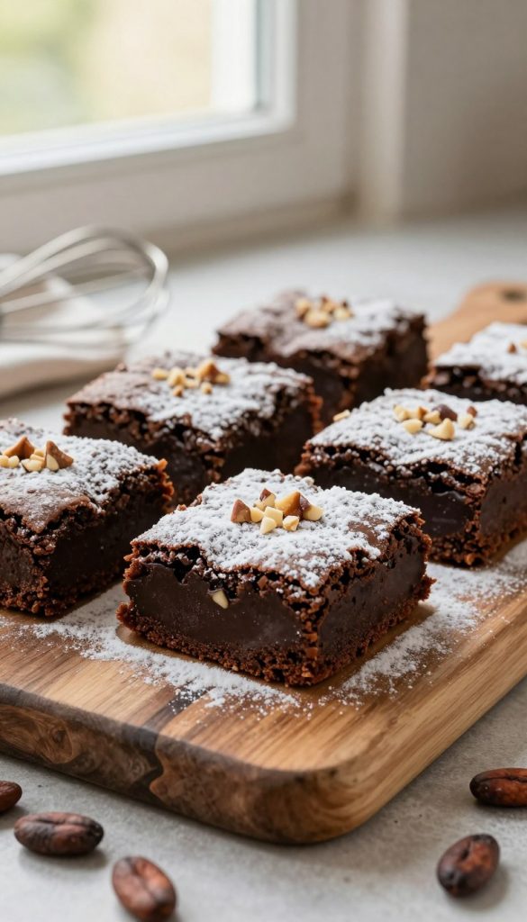 A delectable close-up of freshly baked brownies, perfectly square and rich in chocolatey goodness, arranged on a rustic wooden serving board. The brownies are generously topped with a dusting of powdered sugar and adorned with a sprinkle of chopped nuts. In the background, soft natural light filters through a window, casting a warm glow that enhances the inviting, cozy atmosphere of a family kitchen. The setting features a few scattered cocoa beans and a whisk, suggesting a homemade touch. The image should have a shallow depth of field, focusing sharply on the brownies while softly blurring the background elements. Capture a Pinterest-inspired aesthetic that feels authentic and inspiring. Include the brand name "KlickKiste" subtly in the scene without any text overlays.