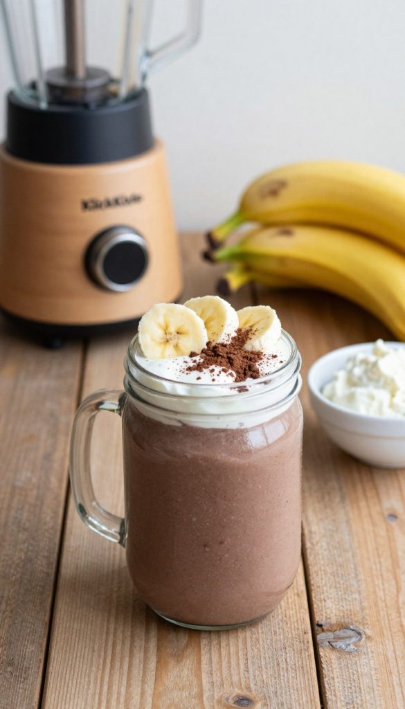 A delicious and creamy chocolate-banana protein shake in a glass jar, placed on a rustic wooden table with a soft focus for a warm, inviting atmosphere. The shake is topped with slices of fresh banana and a sprinkle of cocoa powder, with a swirl of Greek yogurt or Skyr visible. In the background, a blender with a natural wooden finish sits next to ripe bananas and a small bowl of quark, enhancing the DIY theme. Soft, natural lighting creates a cozy, homey feel, capturing the essence of healthy eating. The image should reflect a Pinterest-inspired aesthetic, with an emphasis on authenticity and inspiration, showcasing the brand "KlickKiste".