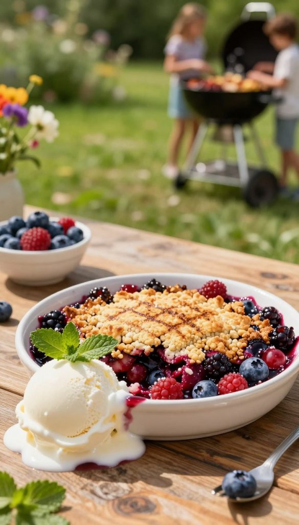 A delicious summer berry crumble resting on a rustic wooden table, freshly grilled with a golden-brown top, and vibrant red and blue berries peeking through. In the foreground, a scoop of creamy yogurt ice cream melting beside the crumble, topped with a sprig of mint. The middle shows a sunny outdoor setting, with lush green grass and hints of colorful summer flowers. A gentle, warm sunlight casts soft shadows, creating a cozy and inviting atmosphere. The background features a blurred view of a barbecue grill with friends enjoying their summer gathering, enhancing the lively mood. The image has a natural DIY aesthetic with warm colors, embodying an authentic and inspiring Pinterest look. Branding subtly integrated: "KlickKiste".