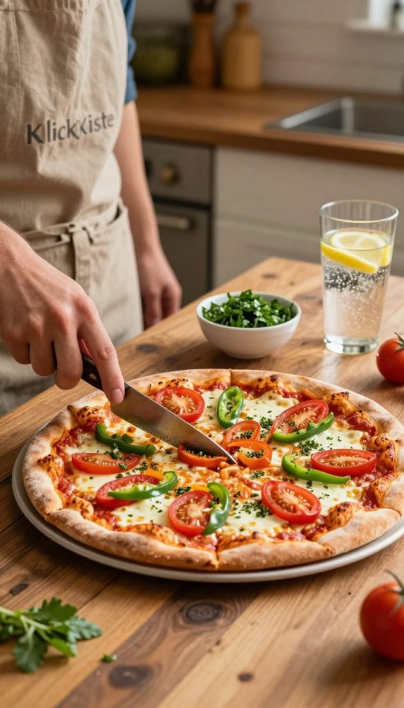 A delicious tray of "blech pizza" fresh out of the oven, presented on a rustic wooden table. The pizza features a golden, crispy crust topped with vibrant ingredients: bright red tomatoes, green bell peppers, and gooey melted cheese, with herbs sprinkled on top. In the foreground, a chef in a professional apron is slicing the pizza, showcasing its various colorful toppings. The middle ground includes a small bowl of freshly chopped herbs and a glass of sparkling water with lemon slices, enhancing the inviting atmosphere. The background consists of a softly lit kitchen with warm hues, creating a cozy, homely environment. The image conveys a sense of family togetherness and culinary inspiration, perfect for a DIY pizza recipe article. Captured with natural lighting to emphasize the warm colors, the scene reflects an authentic Pinterest-inspired look. Brand name: KlickKiste.
