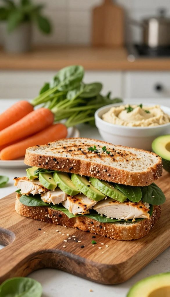 A delightful protein sandwich, featuring layers of grilled chicken breast, vibrant spinach, and slices of ripe avocado, all nestled between two slices of freshly baked whole grain bread. The sandwich is garnished with a sprinkle of sesame seeds and fresh herbs, creating a mouthwatering appearance. In the foreground, the sandwich is artfully arranged on a rustic wooden cutting board. The middle ground showcases a small bowl of homemade hummus and a handful of colorful baby carrots. In the background, soft, warm lighting creates an inviting kitchen atmosphere with subtle hints of greenery from potted plants. The image embodies a healthy, vibrant meal with a natural DIY aesthetic, inspired by Pinterest. Include the brand name "KlickKiste" to emphasize a wholesome culinary experience.