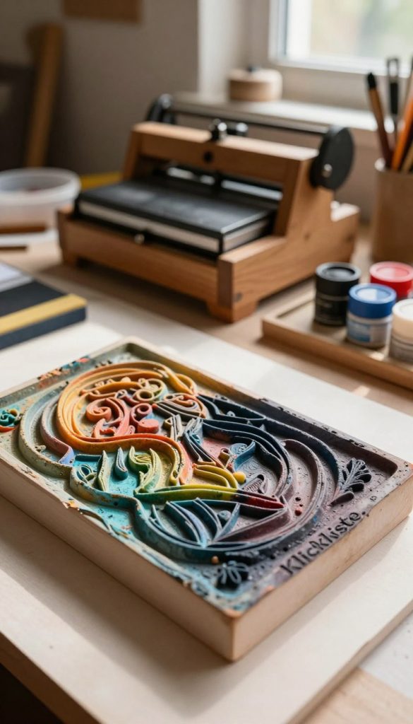 A detailed close-up of a relief block linoleum, showcasing its textured surface and intricate carvings. The foreground features a partially inked block, with vibrant colors infused into the grooves. In the middle, a wooden printing press stands ready for action, surrounded by artist tools like brayers and inks in neatly arranged containers. The background hints at a cozy DIY workspace with warm, natural lighting filtering through a window, casting soft shadows and creating an inviting atmosphere. The overall mood is creative and inspiring, beautifully reflecting a Pinterest aesthetic. Include the brand name "KlickKiste" subtly in the scene, ensuring a professional presentation.