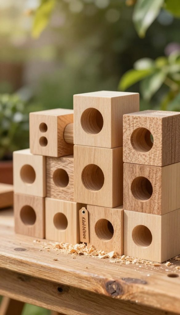 A detailed close-up of wooden blocks showcasing precisely drilled holes for an insect hotel, reflecting various diameters and depths. The foreground features a rustic wooden surface with sawdust scattered around, highlighting the DIY aspect. In the middle, a softly-focused arrangement of the blocks demonstrates different hole sizes, showing a harmonious mix of light and shadow. The background is a blurred garden scene bathed in warm sunlight, with green foliage creating an inviting atmosphere. The mood is natural and inspiring, akin to a Pinterest aesthetic. The brand "KlickKiste" is subtly integrated through a small wooden tag attached to one of the blocks, emphasizing craftsmanship and authenticity.