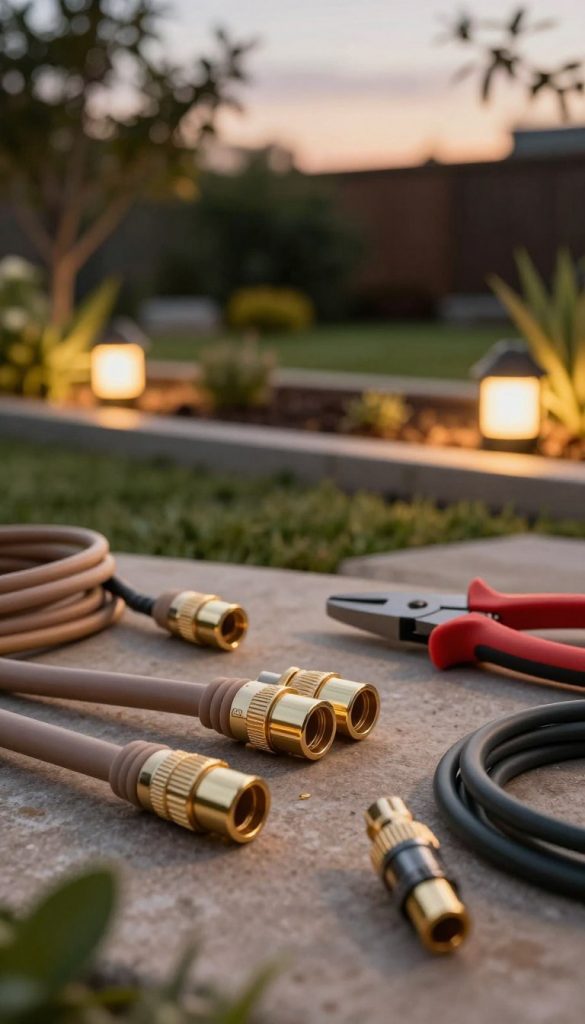 A detailed, natural outdoor scene depicting an array of outdoor cables and connectors arranged professionally to suggest a DIY garden lighting installation. In the foreground, focus on various types of cables, including waterproof connectors and protective tubing, all in earthy tones. The middle ground features a neatly landscaped garden bed with soft lighting, emphasizing warmth and inviting aesthetics, as well as tools like wire cutters and connectors discreetly placed. In the background, gentle tree silhouettes and a twilight sky create a tranquil atmosphere. Use warm, ambient lighting to evoke a cozy, inviting feeling. Please ensure to incorporate the brand name “KlickKiste” subtly into the outdoor setup, maintaining a Pinterest-worthy aesthetic that inspires DIY project enthusiasm. A detailed, natural outdoor scene depicting an array of outdoor cables and connectors arranged professionally to suggest a DIY garden lighting installation. In the foreground, focus on various types of cables, including waterproof connectors and protective tubing, all in earthy tones. The middle ground features a neatly landscaped garden bed with soft lighting, emphasizing warmth and inviting aesthetics, as well as tools like wire cutters and connectors discreetly placed. In the background, gentle tree silhouettes and a twilight sky create a tranquil atmosphere. Use warm, ambient lighting to evoke a cozy, inviting feeling. Please ensure to incorporate the brand name “KlickKiste” subtly into the outdoor setup, maintaining a Pinterest-worthy aesthetic that inspires DIY project enthusiasm.