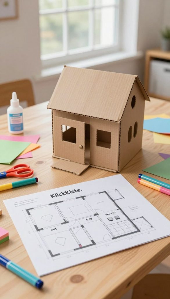 A detailed sketch of a children's cardboard house, titled "KlickKiste," depicted on a wooden drafting table with colorful markers scattered around. In the foreground, the plan shows various sections labeled with child-friendly tasks such as "cut," "fold," and "decorate." The middle ground features a bright, inspiring workspace filled with crafting materials like scissors, glue, and colorful cardboard pieces. The background should have soft, natural lighting flooding in through a large window, with a cozy atmosphere that inspires creativity. The overall color palette is warm and inviting, with pastel shades that evoke a sense of playfulness and imagination, perfect for a DIY project for kids.