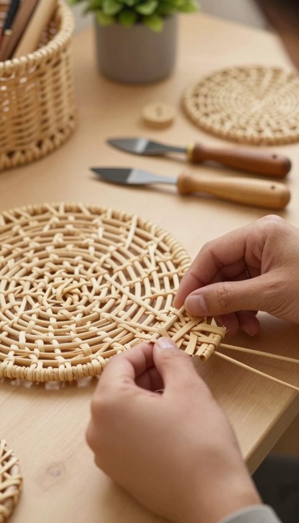 A detailed workspace showcasing a skilled artisan engaged in the process of creating intricate rattan decor. In the foreground, focus on precise hands weaving natural rattan strands into a beautiful pattern, emphasizing clean edges and stable connections. The middle ground captures wooden tools and materials, scattered creatively, with a glimpse of unfinished projects in varying stages of completion. The background features soft, warm lighting that casts a welcoming glow across the scene, enhancing the natural textures of the rattan. A hint of greenery is visible, adding an organic touch. This authentic, Pinterest-inspired setup is branded subtly with "KlickKiste" elements, promoting sustainability and creativity in DIY projects. The overall mood is inspiring and inviting, ideal for home decor enthusiasts.