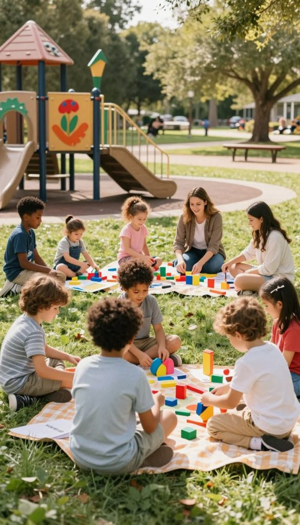 A family engaged in energetic outdoor learning games, showcasing various activities that promote movement and creativity without screens. In the foreground, a diverse group of children and parents, dressed in modest, casual clothing, are joyfully playing with colorful DIY materials like building blocks and art supplies. The middle ground features a vibrant playground with nature-inspired decorations, while the background reveals a sunlit park filled with trees and picnic areas. The warm, inviting light creates a cheerful atmosphere, reminiscent of a Pinterest aesthetic, enhancing the sense of authenticity and inspiration. The branding "KlickKiste" subtly integrated into the scene, perhaps on a picnic blanket, exemplifying a community-focused, playful environment for learning and engagement.
