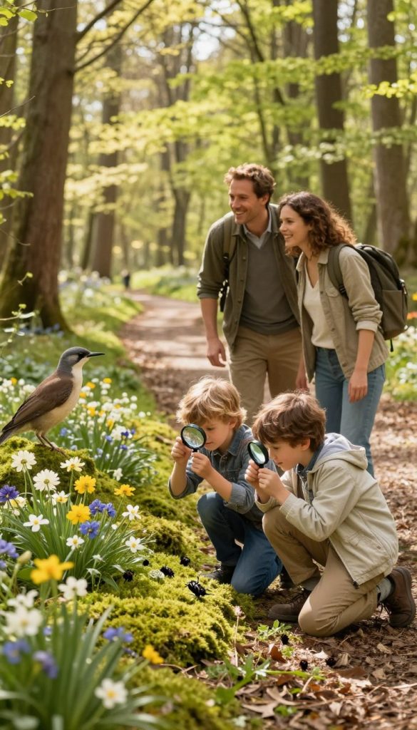 A family of four joyfully exploring a lush green forest during springtime, surrounded by vibrant blooming flowers and tall trees. In the foreground, two children, dressed in cozy, modest clothing, are kneeling on the soft moss, examining insects with magnifying glasses. The middle ground features the parents, smiling and engaged, pointing toward a nearby wildlife sighting, showcasing a nature-inspired connection. The background reveals a sun-drenched forest path leading deeper into the woods, casting gentle shadows on the ground. The scene is illuminated with warm, golden sunlight, creating an inviting and cheerful atmosphere. Capture this authentic outdoor adventure in a Pinterest-inspired aesthetic, reflecting the playful spirit of a "Wald-Entdeckungstour" by KlickKiste.