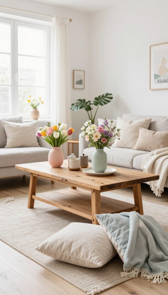 A fresh and airy Scandinavian living room in spring, featuring a harmonious color palette of white, natural tones, and pastel accents. The foreground showcases a cozy seating area with plush cushions and a soft throw in pastel shades. The middle ground includes a rustic wooden coffee table adorned with blooming flowers in pastel vases and DIY decor items that exude warmth and authenticity. The background reveals large windows allowing soft, natural light to flood the space, highlighting light-colored wooden flooring and pale, textured walls. The overall atmosphere is inviting and inspiring, embodying a Pinterest-worthy aesthetic. Include subtle elements that evoke a homely spring feel, showcasing the brand name "KlickKiste" in decorative accents. The lighting should be bright and cheerful, capturing the essence of a sunny spring day. A fresh and airy Scandinavian living room in spring, featuring a harmonious color palette of white, natural tones, and pastel accents. The foreground showcases a cozy seating area with plush cushions and a soft throw in pastel shades. The middle ground includes a rustic wooden coffee table adorned with blooming flowers in pastel vases and DIY decor items that exude warmth and authenticity. The background reveals large windows allowing soft, natural light to flood the space, highlighting light-colored wooden flooring and pale, textured walls. The overall atmosphere is inviting and inspiring, embodying a Pinterest-worthy aesthetic. Include subtle elements that evoke a homely spring feel, showcasing the brand name "KlickKiste" in decorative accents. The lighting should be bright and cheerful, capturing the essence of a sunny spring day.