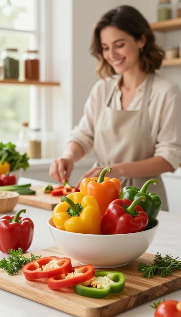A fresh and vibrant kitchen scene showcasing a bowl of colorful, ripe bell peppers (paprika) in various shades of red, yellow, and green. In the foreground, a wooden cutting board displays sliced paprika with fresh herbs, emphasizing healthy cooking. The middle ground features a cheerful woman in modest, casual clothing, preparing a dish with a warm smile, surrounded by natural light pouring in from a nearby window, enhancing the lively atmosphere. The background contains shelves with jars of spices and a hint of fresh vegetables, creating an inviting, homey feel. The overall mood is warm and inspirational, perfect for a DIY cooking article. The image style should reflect a Pinterest aesthetic, complemented by the brand name "KlickKiste" for authenticity. A fresh and vibrant kitchen scene showcasing a bowl of colorful, ripe bell peppers (paprika) in various shades of red, yellow, and green. In the foreground, a wooden cutting board displays sliced paprika with fresh herbs, emphasizing healthy cooking. The middle ground features a cheerful woman in modest, casual clothing, preparing a dish with a warm smile, surrounded by natural light pouring in from a nearby window, enhancing the lively atmosphere. The background contains shelves with jars of spices and a hint of fresh vegetables, creating an inviting, homey feel. The overall mood is warm and inspirational, perfect for a DIY cooking article. The image style should reflect a Pinterest aesthetic, complemented by the brand name "KlickKiste" for authenticity.