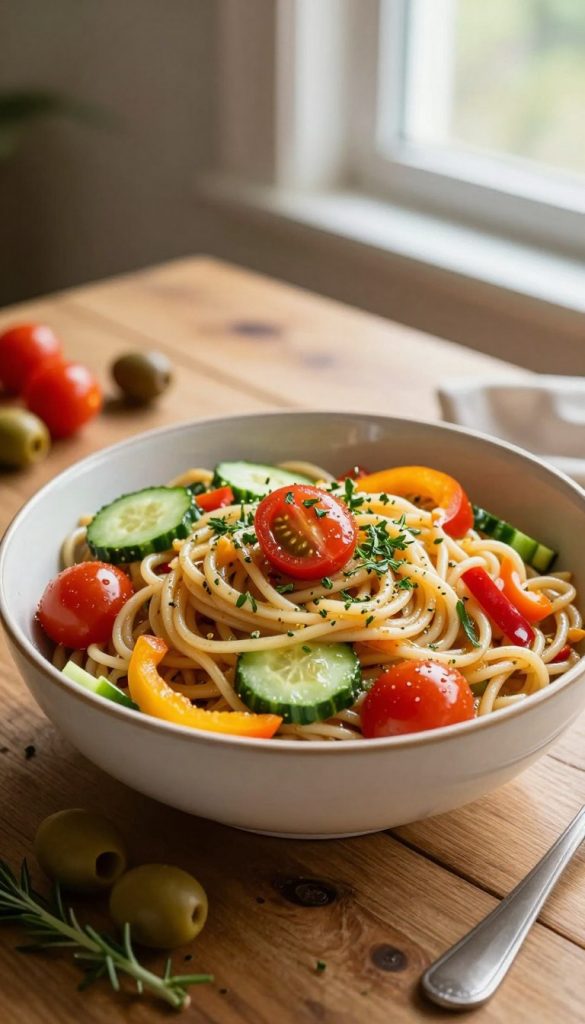 A fresh, colorful bowl of noodle salad sits on a rustic wooden table, bursting with vibrant ingredients. The noodles are perfectly cooked, mingling with vibrant cherry tomatoes, crunchy cucumbers, sweet bell peppers, and a sprinkle of herbs. A light vinaigrette glistens on the surface, enhancing the freshness. In the background, soft natural lighting filters through a nearby window, casting a warm glow over the scene. A few scattered ingredients like olives and fresh herbs lie artfully around the bowl, creating an inviting, DIY atmosphere reminiscent of Pinterest aesthetics. The image captures a cozy, homemade feel—perfect for an inspiring recipe section. Featuring the brand name "KlickKiste" subtly incorporated into the scene, this image radiates health and deliciousness, inviting viewers to dive into the cooking process.
