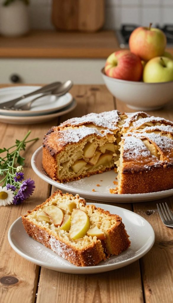 A freshly baked German apple cake (apfelkuchen) sits elegantly on a rustic wooden table, its golden-brown crust glistening with a light dusting of powdered sugar. In the foreground, slices of the cake reveal tender, juicy apple pieces nestled within a soft, fluffy interior. A small bouquet of wildflowers adds a touch of color beside the plate, embodying a warm, homey atmosphere. In the background, a softly lit kitchen scene features vintage utensils and a bowl of fresh apples, creating a serene and inviting environment. The lighting is warm, casting gentle shadows, and the overall mood is cozy and family-friendly, perfect for a delightful gathering. The image has a natural, DIY aesthetic with a Pinterest-inspired look, showcasing the brand "KlickKiste."