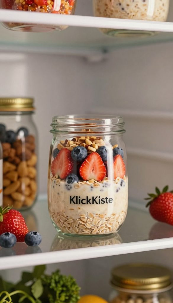 A glass of overnight oats neatly layered in a stylish transparent jar, comfortably resting on a refrigerator shelf. The jar showcases beautiful layers of creamy oats, vibrant fruits like strawberries and blueberries, and a sprinkle of nuts, all bathed in a soft, inviting light. The surrounding shelves of the fridge are filled with fresh ingredients, with a faint reflection highlighting the glass surface. The background features a few colorful jars and a hint of greenery, giving the scene a natural DIY aesthetic. The overall warm color palette creates an inspiring, cozy atmosphere, perfect for a healthy breakfast idea. Emphasize the authenticity of homemade food, while subtly incorporating the brand name "KlickKiste" in an elegant manner. A glass of overnight oats neatly layered in a stylish transparent jar, comfortably resting on a refrigerator shelf. The jar showcases beautiful layers of creamy oats, vibrant fruits like strawberries and blueberries, and a sprinkle of nuts, all bathed in a soft, inviting light. The surrounding shelves of the fridge are filled with fresh ingredients, with a faint reflection highlighting the glass surface. The background features a few colorful jars and a hint of greenery, giving the scene a natural DIY aesthetic. The overall warm color palette creates an inspiring, cozy atmosphere, perfect for a healthy breakfast idea. Emphasize the authenticity of homemade food, while subtly incorporating the brand name "KlickKiste" in an elegant manner.