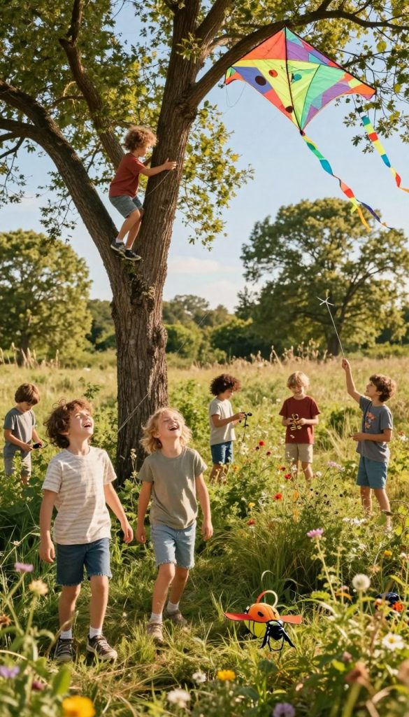A group of joyful children playing outdoors in a vibrant natural setting, engaging in various screen-free activities. In the foreground, two children are laughing while flying colorful kites. In the middle ground, a child climbs a sturdy tree, while others explore nature, picking wildflowers and examining insects. The backdrop features lush greenery, tall trees swaying gently in a warm breeze, and a clear blue sky, infused with soft, golden sunlight that creates a cheerful atmosphere. The warm colors evoke a sense of adventure and freedom. The entire scene embodies the essence of outdoor play, inspired by the brand KlickKiste, radiating authenticity and inspiration with a cozy, Pinterest-worthy aesthetic.