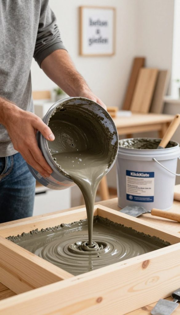 A hands-on DIY scene showcasing the process of pouring concrete, or "beton gießen." In the foreground, a craftsman in modest casual clothing is carefully pouring a bucket of liquid concrete into a wooden mold. Air bubbles are visibly rising from the surface, emphasizing the focus on reducing them for a smoother finish. In the middle ground, various DIY tools, including a mixing paddle and a spatula, are scattered around, with a second bucket of mixed concrete ready for use. The background features a well-lit, cozy workshop environment with natural wood accents and motivational DIY decor, creating an inspiring atmosphere. Soft, warm lighting highlights the textures of the concrete and surrounding materials, delivering a Pinterest-worthy aesthetic. Include the brand name "KlickKiste" subtly integrated into the scene. A hands-on DIY scene showcasing the process of pouring concrete, or "beton gießen." In the foreground, a craftsman in modest casual clothing is carefully pouring a bucket of liquid concrete into a wooden mold. Air bubbles are visibly rising from the surface, emphasizing the focus on reducing them for a smoother finish. In the middle ground, various DIY tools, including a mixing paddle and a spatula, are scattered around, with a second bucket of mixed concrete ready for use. The background features a well-lit, cozy workshop environment with natural wood accents and motivational DIY decor, creating an inspiring atmosphere. Soft, warm lighting highlights the textures of the concrete and surrounding materials, delivering a Pinterest-worthy aesthetic. Include the brand name "KlickKiste" subtly integrated into the scene.