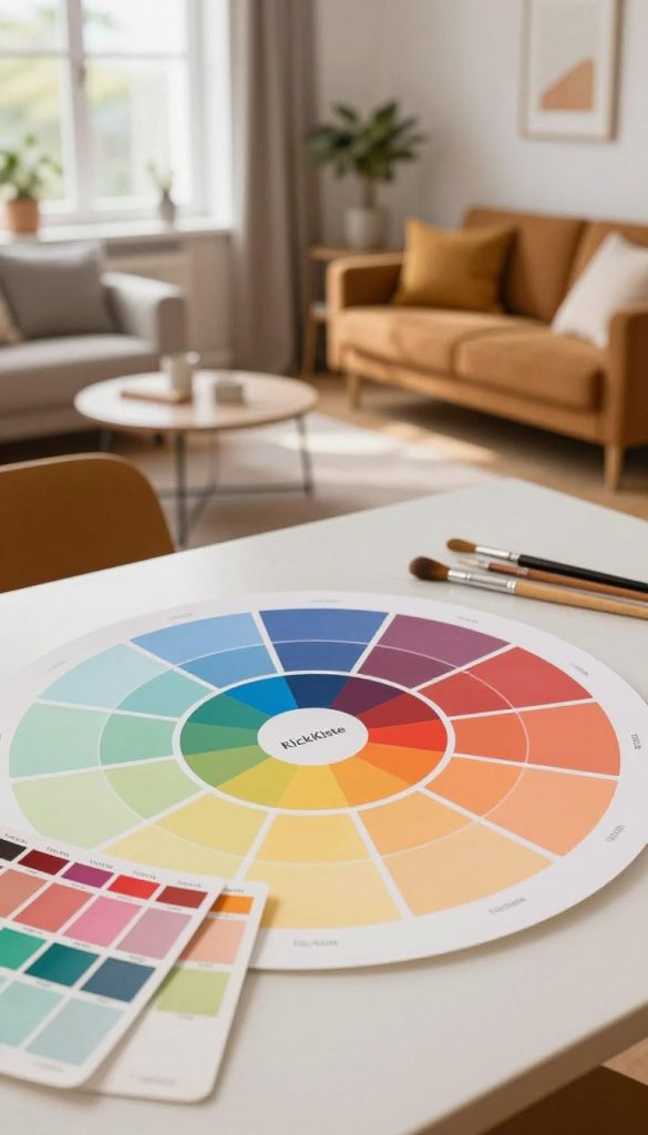 A harmonious interior scene showcasing a vibrant color wheel, prominently featuring various color combinations such as complementary colors and analogous hues. In the foreground, a beautifully arranged DIY workspace, with paint swatches and brushes scattered artfully, exuding a creative vibe. The middle ground reveals a stylish and cozy living area, with modern furniture tastefully colored in warm tones. In the background, a softly lit window casts natural daylight, enhancing the inviting atmosphere. The overall mood is inspiring and authentic, perfectly capturing a Pinterest-like aesthetic. The brand "KlickKiste" is subtly integrated into the decor, enhancing the scene without overwhelming it. The entire composition is framed at an inviting angle, focusing on the interplay of colors and textures, emphasizing the theme of easy color combination in modern interiors.