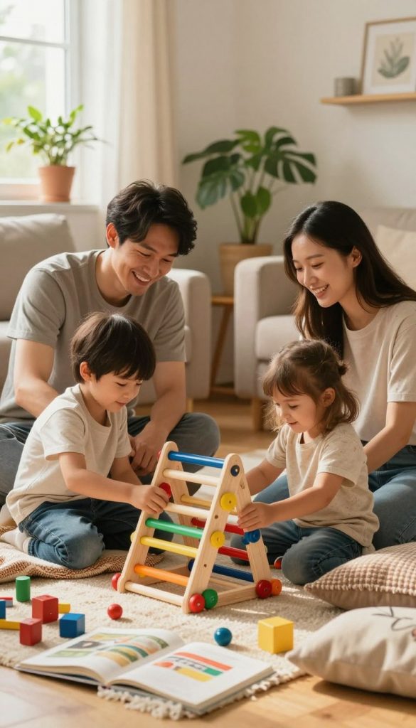 A heartwarming scene depicting a family engaged in shared activities that strengthen their bond and intimacy. In the foreground, a smiling father and mother are helping their two children, a boy and a girl, build a colorful wooden fort with blankets and cushions in a sunlit living room. The children should wear comfortable, modest clothing, such as t-shirts and jeans. In the middle, toys and books are scattered about, creating an inviting and playful atmosphere. The background features soft, warm lighting filtering through a window adorned with houseplants, creating a cozy vibe reminiscent of a Pinterest-style DIY project. The image encapsulates warmth and connection, perfect for illustrating "KlickKiste," with an authentic and inspiring touch.