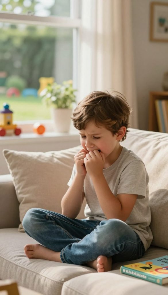 A heartwarming scene depicting a young child, around 6-8 years old, sitting in a cozy, softly lit living room, displaying signs of stress. The child, dressed comfortably in a simple t-shirt and jeans, is fidgeting with their hands, biting their lip with slightly furrowed brows, conveying a sense of worry. The background shows a colorful garden visible through a window, filled with playful toys and soft cushions scattered around. Sunlight filters through sheer curtains, casting gentle shadows and creating a calming atmosphere. In one corner, parenting books about mindfulness can be seen, subtly associating with the theme. The overall color palette should be warm and inviting, reflecting the authenticity and inspirational aesthetic of "KlickKiste."