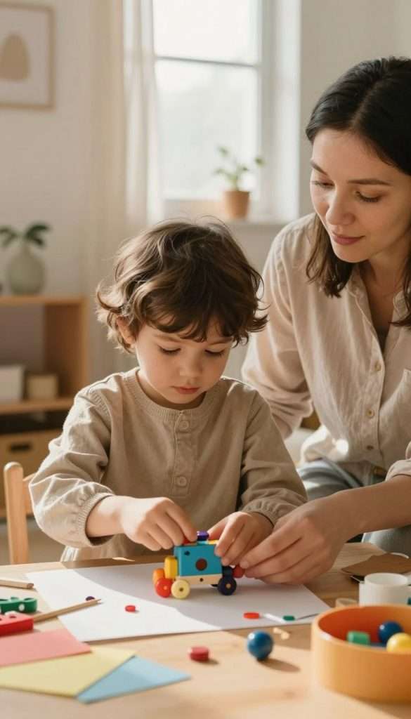 A heartwarming scene depicting a young child experiencing a minor setback while working on a DIY project surrounded by colorful craft supplies. In the foreground, the child, dressed in modest casual clothing, is focused on fixing a broken toy, showing determination and resilience. In the middle, a parent watches nearby, offering gentle encouragement, symbolizing support and love. The background features a cozy, sunlit room filled with soft, warm colors reminiscent of natural materials, enhancing the inviting atmosphere. The lighting is soft and warm, emulating a morning glow through a window, creating a peaceful yet inspiring mood. The image embodies the theme of growth through challenges, showcasing the idea that mistakes are part of learning. Designed in a Pinterest aesthetic, this image represents the brand "KlickKiste". A heartwarming scene depicting a young child experiencing a minor setback while working on a DIY project surrounded by colorful craft supplies. In the foreground, the child, dressed in modest casual clothing, is focused on fixing a broken toy, showing determination and resilience. In the middle, a parent watches nearby, offering gentle encouragement, symbolizing support and love. The background features a cozy, sunlit room filled with soft, warm colors reminiscent of natural materials, enhancing the inviting atmosphere. The lighting is soft and warm, emulating a morning glow through a window, creating a peaceful yet inspiring mood. The image embodies the theme of growth through challenges, showcasing the idea that mistakes are part of learning. Designed in a Pinterest aesthetic, this image represents the brand "KlickKiste".