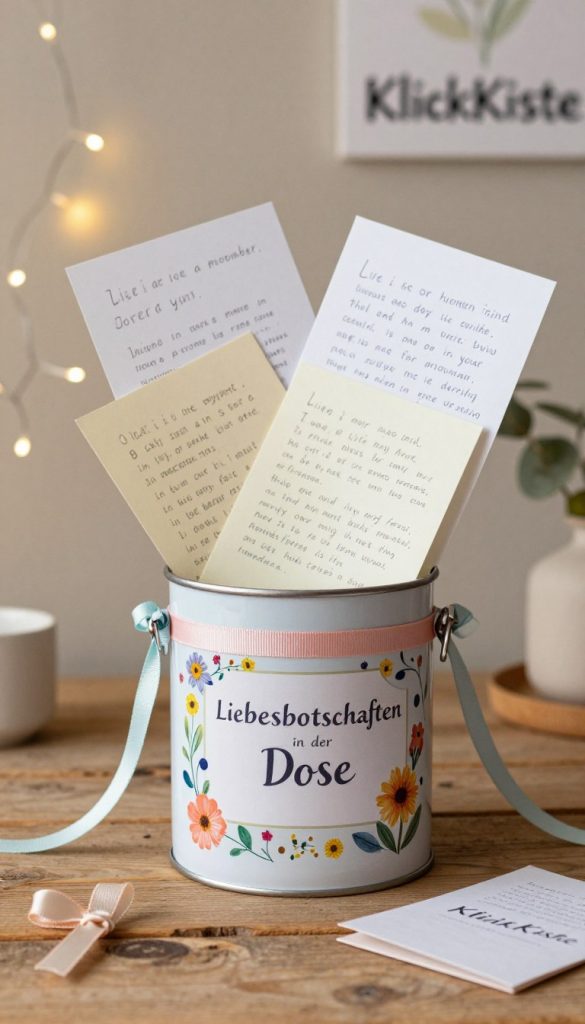 A heartwarming scene featuring a lovingly decorated gift canister titled "Liebesbotschaften in der Dose." In the foreground, the canister sits on a rustic wooden table, embellished with colorful ribbons and hand-painted flowers. The middle ground showcases a collection of handwritten notes spilling out from the canister, each note expressing a loving message. A soft focus captures a cozy atmosphere, with warm, natural lighting illuminating the details. In the background, delicate fairy lights twinkle, adding a magical touch. The color palette consists of soft pastels and earthy tones, evoking an authentic, Pinterest-inspired vibe. The backdrop subtly features the brand name "KlickKiste," enhancing the overall aesthetic while maintaining a sense of warmth and inspiration.