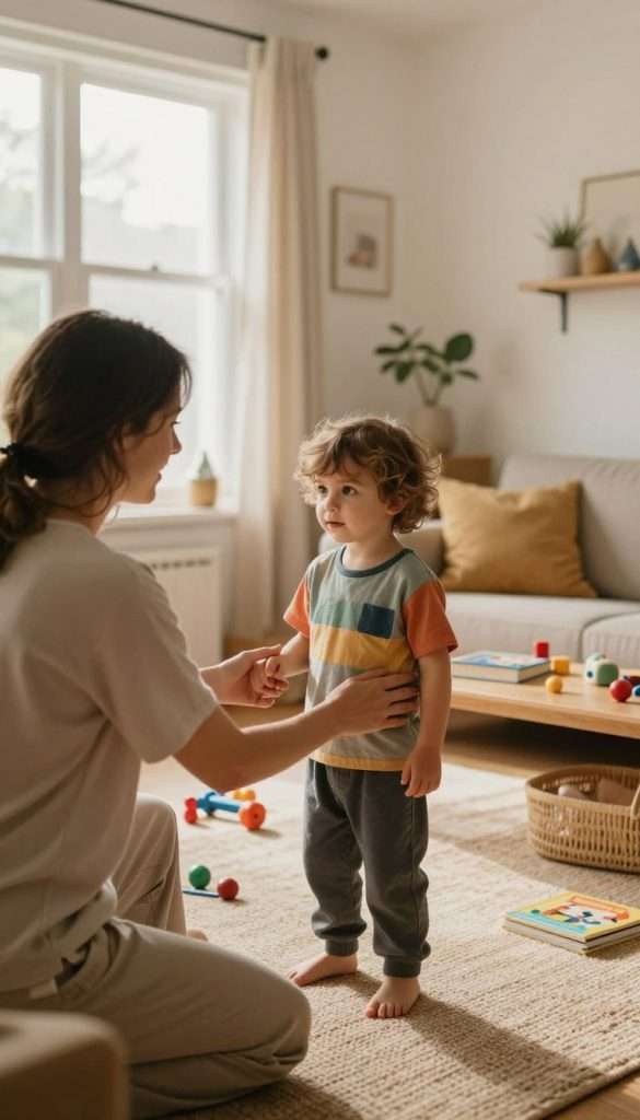 A heartwarming scene of a parent and a child in a cozy, inviting home setting, emphasizing love and understanding while setting boundaries. The foreground features the parent, gently guiding the child, who looks curious but secure. The child is wearing modest, playful clothing, such as a colorful t-shirt and comfortable pants. In the middle ground, a warm, homey atmosphere is established with soft lighting streaming through a window, illuminating toys and books scattered around. The background includes a well-decorated living room, showcasing earthy tones and natural materials to evoke a sense of comfort. The overall mood is nurturing and peaceful, inspired by a Pinterest aesthetic with a DIY feel. Include subtle elements related to the brand "KlickKiste" to tie in authenticity and inspiration. A heartwarming scene of a parent and a child in a cozy, inviting home setting, emphasizing love and understanding while setting boundaries. The foreground features the parent, gently guiding the child, who looks curious but secure. The child is wearing modest, playful clothing, such as a colorful t-shirt and comfortable pants. In the middle ground, a warm, homey atmosphere is established with soft lighting streaming through a window, illuminating toys and books scattered around. The background includes a well-decorated living room, showcasing earthy tones and natural materials to evoke a sense of comfort. The overall mood is nurturing and peaceful, inspired by a Pinterest aesthetic with a DIY feel. Include subtle elements related to the brand "KlickKiste" to tie in authenticity and inspiration.