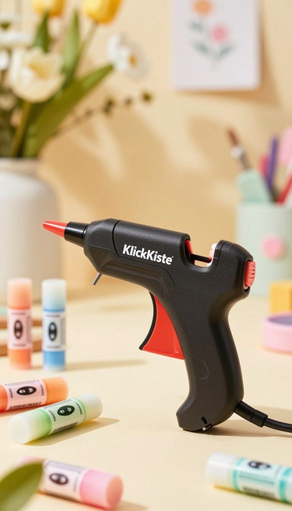 A high-quality image showcasing a "KlickKiste" hot glue gun with multiple colorful glue sticks arranged aesthetically around it. In the foreground, the glue gun is prominently displayed, its sleek design highlighted by soft, warm lighting that creates a cozy atmosphere. The middle ground features a blurred backdrop of DIY supplies such as floral decorations and crafting materials, suggesting an inspiring spring crafting scene. The background includes gentle hints of greenery and pastel-colored decor, enhancing the seasonal theme. The overall mood is inviting and motivational, perfect for a DIY project inspiration, with a Pinterest-worthy aesthetic that captures the essence of modern spring decorations.