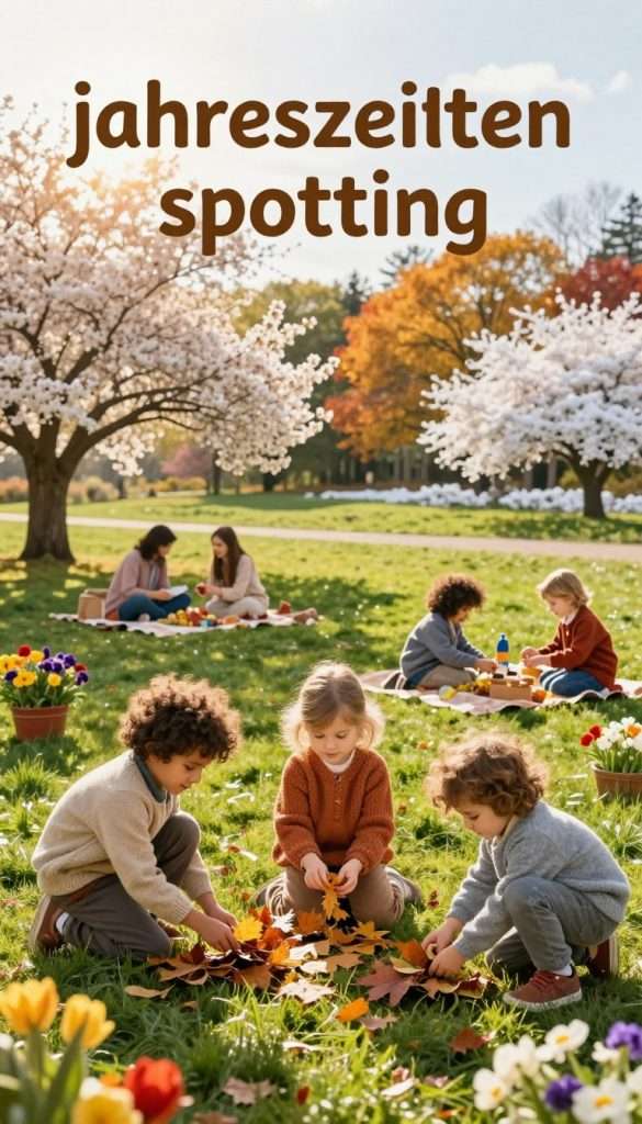 A joyful and vibrant scene depicting children engaging in seasonal outdoor activities, illustrating the concept of "jahreszeiten spotting". In the foreground, a diverse group of three children, dressed in cozy, colorful outfits, playfully gather leaves in autumn, and vibrant flowers in spring. In the middle ground, families are enjoying picnics under blossoming trees, with the sun casting a warm, golden hue on the scene. The background features a serene landscape transitioning through the seasons, with lush greenery of summer, colorful autumn foliage, and snowy tranquility of winter. This image has a Pinterest-inspired aesthetic, rich with natural DIY elements, warm colors, and an inviting atmosphere, capturing the joy of family rituals through the year. The branding aspect of "KlickKiste" is subtly integrated into the scene through decorative elements or toys, enhancing the sense of authenticity and inspiration.