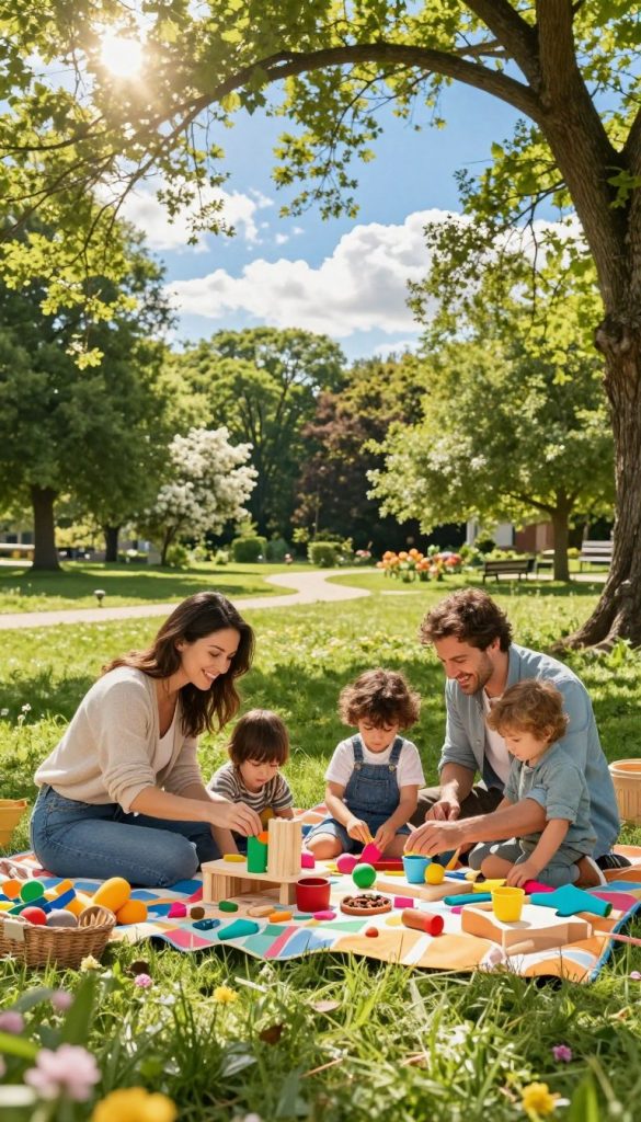 A joyful family enjoying outdoor time together in a lush green park, surrounded by trees and blooming flowers. In the foreground, a mother and father are engaged in a fun DIY project with their two children, using vibrant, natural materials like wood and crafts supplies. The middle ground features a picnic setup with colorful blankets and homemade snacks, while the background showcases a bright blue sky with fluffy white clouds, and sun rays pouring through the branches, creating a warm and inviting atmosphere. The scene captures a sense of adventure and togetherness, radiating a Pinterest-worthy aesthetic. This image embodies the essence of family creativity and active outdoor fun, inspired by the brand KlickKiste.