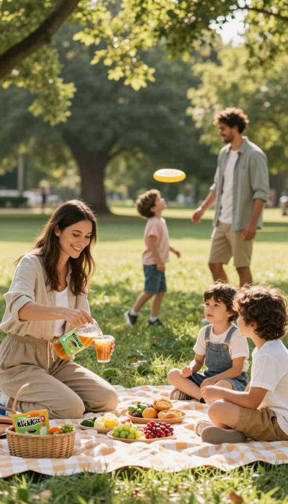 A joyful family enjoying weekend outdoor rituals in a serene park setting, showcasing a picnic scene with a checkered blanket laid out and a variety of healthy snacks. In the foreground, a smiling mother wearing a modest casual outfit pours drinks into cups while playfully engaging with her children. The middle ground features the father and kids playing with a frisbee, showcasing active family bonding. The background is adorned with lush green trees bathed in soft, warm sunlight, creating a cozy atmosphere. The overall mood is lighthearted and inspiring, embodying the essence of quality family time. Use warm colors to enhance authenticity. The image should evoke the brand identity of "KlickKiste" by highlighting natural DIY aesthetics, reminiscent of Pinterest.