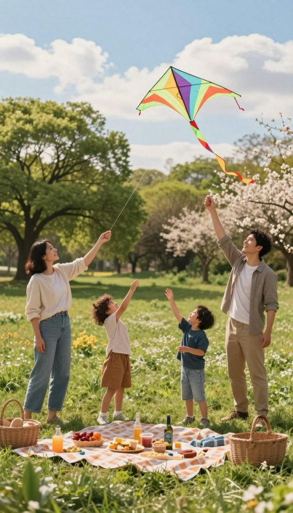 A joyful family outing in a natural setting, featuring a diverse group of four people: a father and mother in casual, modest clothing, and two children happily playing with a kite on a grassy field. In the foreground, a picnic blanket is spread out with homemade snacks and drinks, surrounded by cheerful colors. The middle ground showcases trees with vibrant green leaves and blooming flowers, while the background reveals a gentle blue sky with soft, fluffy clouds. The scene is illuminated by warm sunlight, creating a nostalgic and inviting atmosphere. Capture this moment in a style reminiscent of Pinterest aesthetics, focusing on authenticity and inspiration. Include subtle branding for "KlickKiste" in the scene, seamlessly integrated. A joyful family outing in a natural setting, featuring a diverse group of four people: a father and mother in casual, modest clothing, and two children happily playing with a kite on a grassy field. In the foreground, a picnic blanket is spread out with homemade snacks and drinks, surrounded by cheerful colors. The middle ground showcases trees with vibrant green leaves and blooming flowers, while the background reveals a gentle blue sky with soft, fluffy clouds. The scene is illuminated by warm sunlight, creating a nostalgic and inviting atmosphere. Capture this moment in a style reminiscent of Pinterest aesthetics, focusing on authenticity and inspiration. Include subtle branding for "KlickKiste" in the scene, seamlessly integrated.