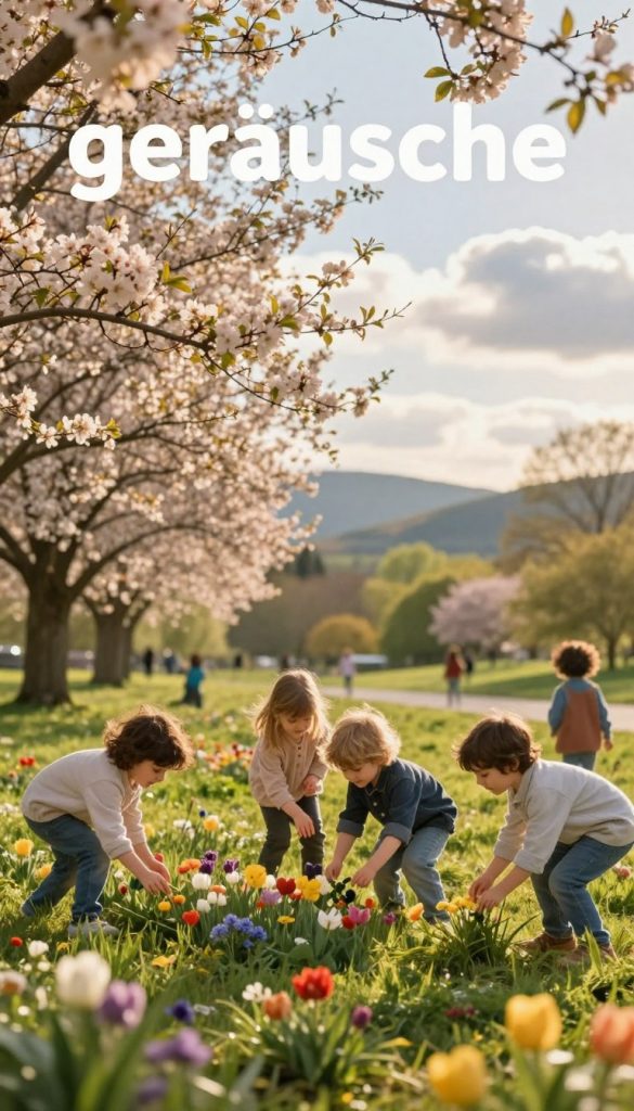 A joyful outdoor scene in spring, capturing the essence of "ger&auml;usche" (sounds) amidst children's sensory games. In the foreground, cheerful children, dressed in modest casual clothing, playfully touch the grass and colorful flowers while listening intently to the sounds of nature. The middle layer features vibrant blossoms and soft leaves gently swaying, reflecting the warm sunlight filtering through the trees. In the background, a serene park with rolling hills and fluffy clouds creates a peaceful atmosphere. The lighting is warm and golden, reminiscent of an early spring afternoon, with a soft focus lens effect to enhance the dreamlike quality. Aim for an authentic, Pinterest-worthy aesthetic, and make sure to convey a sense of wonder and exploration, perfect for all ages. Include a subtle hint of the brand "KlickKiste" in the composition.