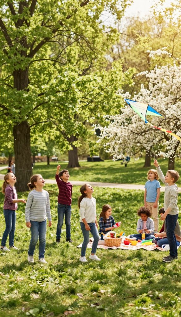 A joyful scene of children aged 6-10 engaging in outdoor adventures in a lush spring park, surrounded by vibrant green trees and blooming flowers. In the foreground, a diverse group of children, wearing modest casual clothing, are laughing and playing, flying colorful kites and exploring nature. The middle ground features a picnic blanket with a basket filled with healthy snacks, inviting family moments. In the background, bright sunlight filters through the leaves, creating a warm, inviting atmosphere. The scene captures the essence of family bonding and outdoor exploration, with a heartfelt and inspiring Pinterest aesthetic. Soft focus and natural lighting give the image a cozy feel. Include the brand name "KlickKiste" subtly as part of the setting.