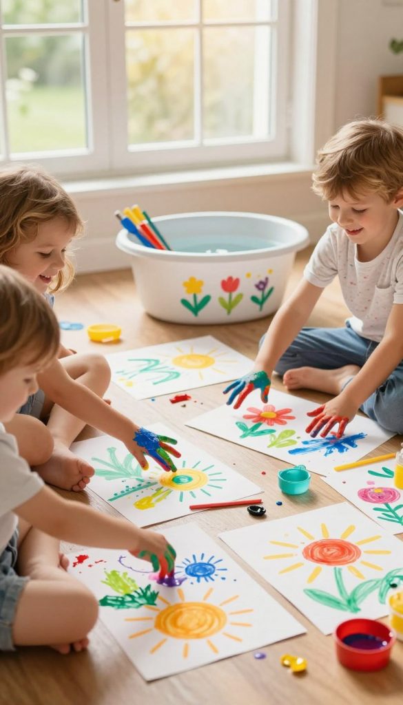 A joyful scene of children engaged in a DIY finger painting project, splatting colorful finger paints onto sheets of paper. In the foreground, two cheerful children, dressed in modest casual clothing, sit on the floor, their hands covered in bright hues of red, blue, green, and yellow. Their focused expressions showcase creativity and fun. In the middle, vibrant finger-painted drawings spread across the floor, some depicting suns and flowers. In the background, a sunny room with a large window lets in warm, natural light, highlighting the splashes of color. A decorative tub filled with water, colorful brushes, and playful art supplies enhances the atmosphere. The scene reflects the essence of family creativity, inspired by the brand KlickKiste, radiating warmth and inspiration.