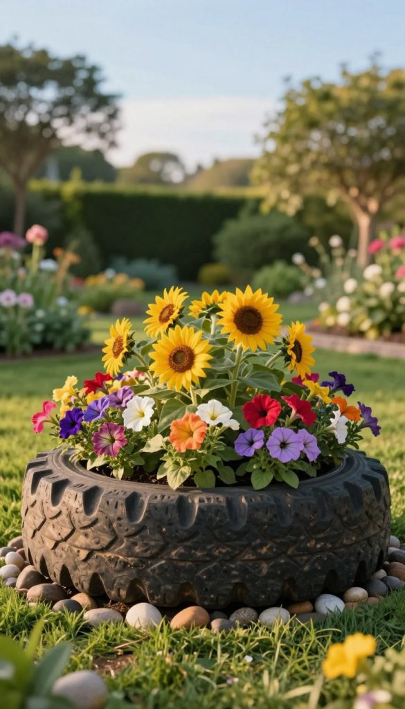 A large, repurposed tire transformed into a vibrant flower pot, sitting in a picturesque garden setting. The foreground features the rustic tire filled with colorful blooming flowers, showcasing various species like sunflowers and petunias. In the middle, lush green grass surrounds the tire, scattered with pebbles for a natural look. The background reveals a softly blurred garden scene with trees and a bright blue sky, creating a warm and inviting atmosphere. The lighting is soft and golden, reminiscent of late afternoon sunlight. Shot from a slightly elevated angle to capture both the tire and flowers in detail, evoking a sense of joy and creativity. This image is designed for KlickKiste, celebrating the DIY spirit of upcycling.