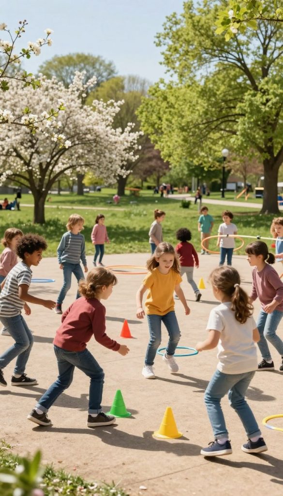 A lively outdoor scene depicting children engaged in movement games that foster coordination and teamwork. In the foreground, a diverse group of children, aged 5 to 8, in colorful, modest casual clothing playfully interacting in a dynamic activity, such as a friendly relay race. The middle ground features various natural play elements like cones, rope for tug-of-war, and hula hoops, creating an inviting atmosphere. The background shows a spring landscape with blooming flowers and lush green trees under a clear blue sky, adding warmth and vibrancy to the scene. Soft sunlight filters through the trees, casting gentle shadows, enhancing the cheerful mood. Overall, the image should reflect a sense of community and fun, embodying the ideas of movement and collaboration, inspired by KlickKiste's natural DIY aesthetic.