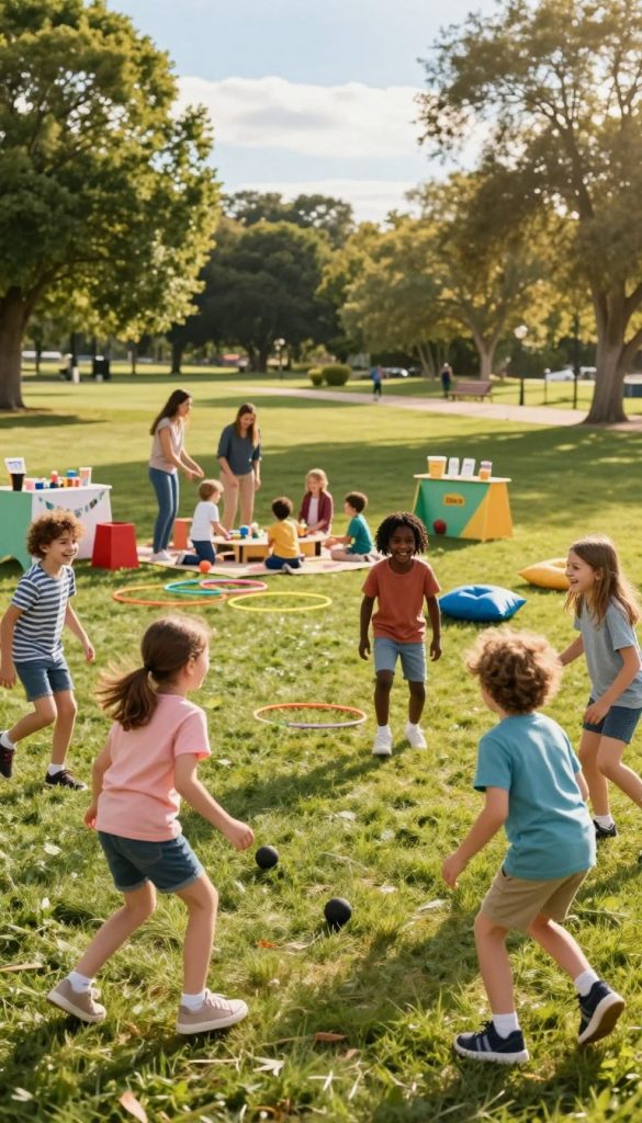A lively outdoor scene showcasing children engaging in various age-appropriate games and activities, promoting healthy movement. In the foreground, a diverse group of children, aged 5 to 10, playfully participate in a tag game while laughing and sharing joy. The middle ground features a colorful picnic area with parents encouraging their kids, surrounded by DIY game stations like hula hoops and bean bag tosses. The background showcases a bright, sunny park with green grass, trees, and blue skies. The lighting is warm and inviting, reminiscent of a golden afternoon. The overall mood is joyful, inspiring, and dynamic, reflecting an essence of community and outdoor fun. The image captures a Pinterest-style aesthetic with natural colors and a sense of authenticity, emphasizing the brand "KlickKiste".