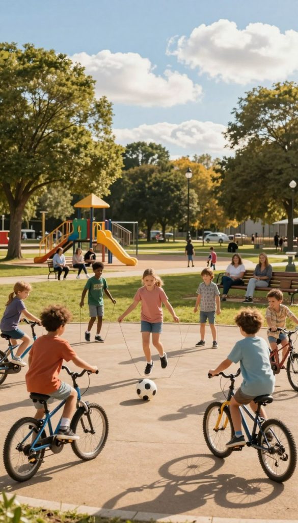 A lively outdoor scene showcasing children engaging in various physical activities throughout the day. In the foreground, a diverse group of kids, aged 5 to 12, play soccer, jump rope, and ride bicycles, dressed in colorful, modest casual clothing. The middle ground features a sunny park with trees, a playground, and benches where parents watch happily. In the background, a clear blue sky with fluffy white clouds adds to the vibrant atmosphere. The lighting is warm and golden, suggesting late afternoon, enhancing the inviting and cheerful mood. The image should evoke a sense of fun and health, capturing the essence of “KlickKiste” with a natural DIY aesthetic featuring warm colors, creating an inspiring and authentic visual representation of daily physical activity for children.