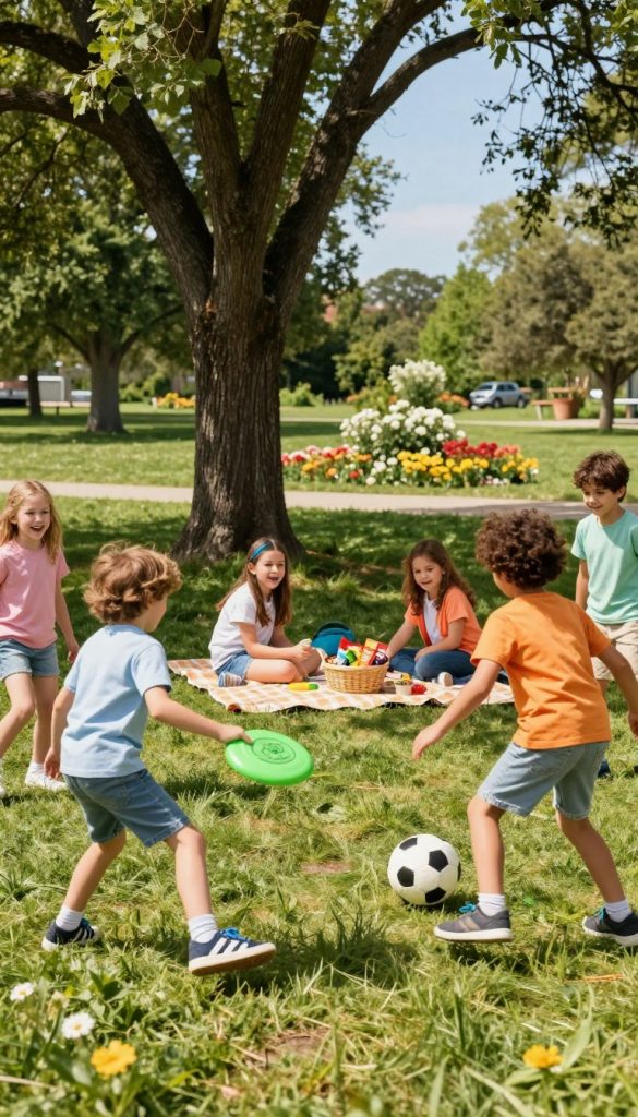A lively outdoor scene showing children engaging in various activities that promote an active lifestyle. In the foreground, a group of children, dressed in colorful casual clothing, play with a frisbee and kick a soccer ball, their faces filled with joy and excitement. In the middle ground, a family enjoys a picnic on a checkered blanket under a large tree, with a basket filled with healthy snacks. The background features a sunny park with green grass, blooming flowers, and a clear blue sky, creating a warm, inviting atmosphere. Natural lighting enhances the vibrant colors, giving the image a Pinterest-inspired, authentic look. Include the subtle brand name "KlickKiste" in the corner to reference inspiration for outdoor routines.