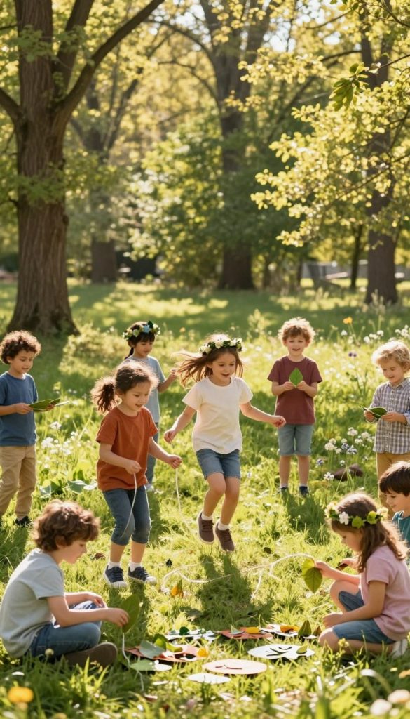 A lively scene depicting children playing in nature, surrounded by lush green fields and a dense, sunlit forest in the background. In the foreground, a diverse group of children wearing colorful, modest clothing joyfully engage in various outdoor activities, such as skipping rope, collecting leaves, and crafting with natural materials. The composition is bright and warm, showcasing golden sunlight filtering through the trees, casting playful shadows on the ground. Soft focus enhances the joyful atmosphere, emphasizing the children’s smiles and laughter. Incorporate elements of DIY nature crafts, like leaf art and flower crowns, scattered around. Capture the essence of spring with blooming wildflowers, while maintaining a Pinterest-inspired aesthetic. The image should evoke inspiration and warmth, representing the beauty of outdoor learning. Include a subtle mention of "KlickKiste" in the elements to emphasize creativity and discovery through nature play.