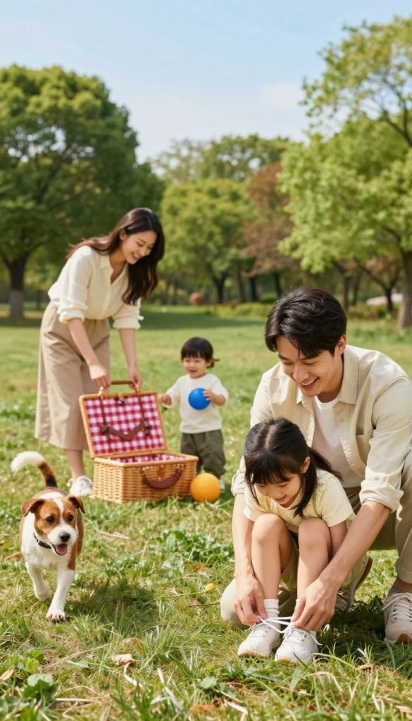 A lively scene of a family traveling with children, set in a picturesque outdoor environment. In the foreground, a smiling father in casual attire helps his young daughter tie her shoelaces while a playful dog runs nearby. The middle ground captures the mother unpacking a colorful picnic basket, with a happy toddler playing with a ball. Bright, warm colors dominate the scene, evoking a cheerful atmosphere. In the background, lush green trees and a clear blue sky provide a serene backdrop. The lighting is soft and inviting, reminiscent of a sunny spring day. The composition should radiate warmth and authenticity, embodying a natural DIY vibe inspired by "KlickKiste" aesthetics.