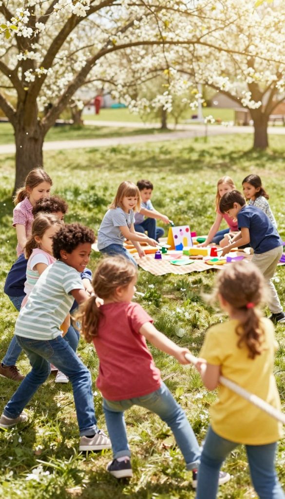 A lively scene of children playing together in a bright, inviting outdoor setting, embodying the essence of teamwork and friendship. In the foreground, a diverse group of children, aged 5 to 10, dressed in colorful casual clothing, are engaged in cooperative games like tug-of-war and a relay race. The middle ground features a picnic area with a checkered blanket, adorned with DIY crafts made by the kids, reflecting the warm, natural tones of spring. In the background, trees blossom and sunlight filters through the leaves, creating a joyful, sunny atmosphere. The image should have a soft focus, light bokeh effect, and a warm color palette to evoke a sense of inspiration. Emphasize a natural, Pinterest-worthy aesthetic that resonates with family fun and creativity, branded with "KlickKiste".
