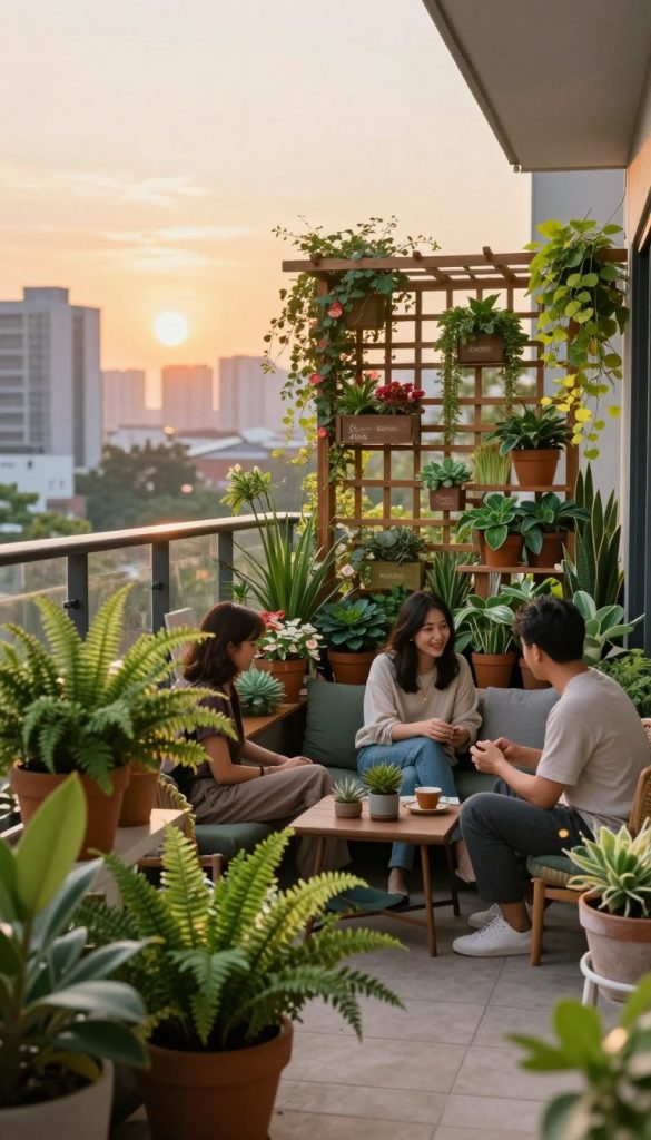A lush balcony garden oasis filled with a vibrant array of potted plants, including ferns, succulents, and flowering vines. In the foreground, a cozy seating area with stylish, modestly dressed individuals enjoying a tranquil moment amidst greenery. The middle ground features creatively arranged vertical plant displays and a charming wooden trellis adorned with climbing plants. The background showcases a softly illuminated urban skyline at sunset, casting warm, golden hues over the scene. Use natural lighting to enhance the inviting atmosphere, capturing a quaint, Pinterest-worthy aesthetic. A warm and inspiring ambiance evokes a sense of creativity and tranquility, with a subtle brand presence indicating “KlickKiste” through decorative elements in the setting.